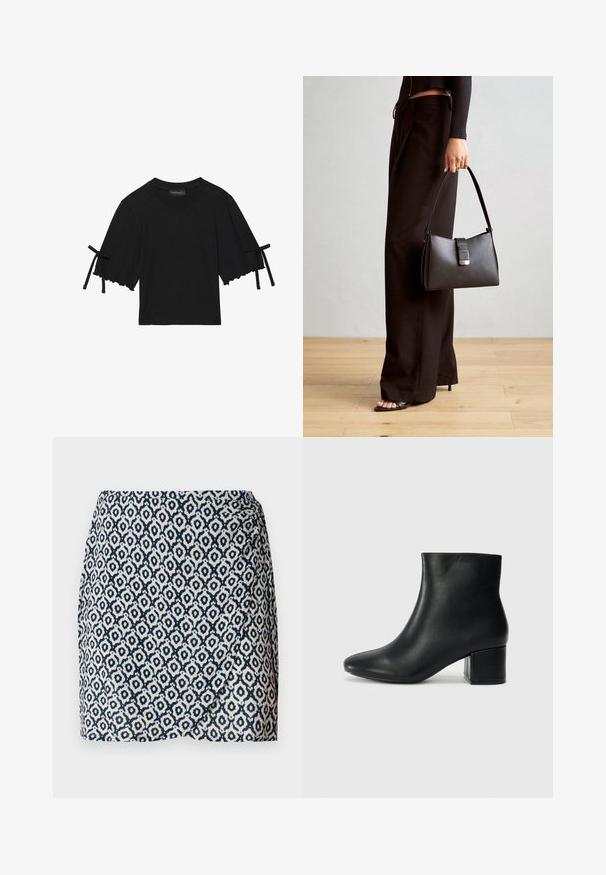 Čierny bavlnený top s krátkym rukávom, s volánovým zakončením a mašľovými detailmi na rukávoch. Má okrúhly výstrih a voľný strih.; Námornícka a biela vzorovaná zakrývacia sukňa s geometrickými tvarmi, ľahká tkanina, priliehavý pás a jemný drapéria na spodnom okraji.; Čierne kožené členkové čižmy s špicatou špičkou a hrubým podpätkom. Hladká textúra s minimálnymi akcentmi a elegantným, priliehavým dizajnom.; Čierna kabelka so štruktúrovaným tvarom, hladkou textúrou a kovovou sponou. V kombinácii so širokými čiernymi nohavicami a sandálmi s otvorenou špičkou na drevenej podlahe.