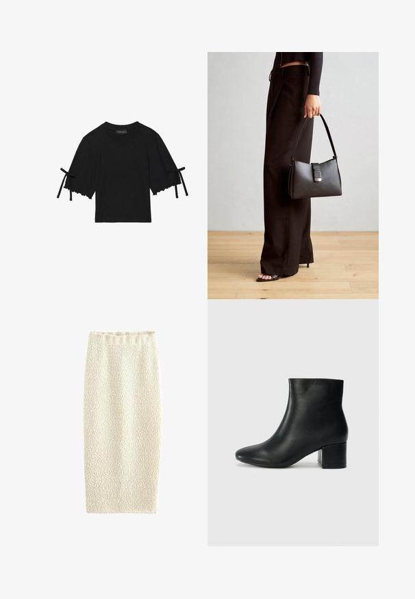 Schwarzes Baumwolloberteil mit kurzen Ärmeln, gerüschtem Saum und Schleifenakzenten an den Ärmeln. Mit Rundhalsauschnitt und bequemer Passform.; Strick-Bleistiftrock in Creme mit strukturierter Oberfläche, elastischem Bund und tailliertem Schnitt, entworfen für einen eleganten Look.; Schwarze Leder-Ankle-Boots mit spitzem Zehenbereich und klobigem Absatz. Glatte Textur mit minimalen Akzenten und einem eleganten, taillierten Design.; Schwarze Handtasche mit strukturierter Form, glatter Textur und einem metallischen Verschluss. Kombiniert mit weiten schwarzen Hosen und offenen Sandalen auf einem Holzboden.