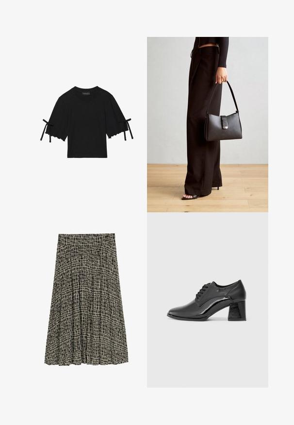 Lühikeste varrukatega must puuvillane topp, millel on volangiga alus ja lipsu aktsendid varrukatel. Omab ümarat kaelust ja sundimatut lõiget.; TOM TAILOR Maksiseelik - abstract black grid design; Mustad mustaa lakknahkkinga, millel on ümmargune varvas, nööpide ja paksu ristkülikukujulise kontsaga disain. Sile tekstuur läikiva viimistlusega.; Must musta kott, millel on struktureeritud kuju, sile tekstuur ja metallist klamber. Kombineeritud laiate mustade pükstega ja avatud varvaste sandaalidega puidust põrandal.