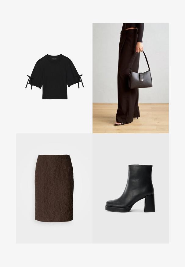 Čierny bavlnený top s krátkym rukávom, s volánovým zakončením a mašľovými detailmi na rukávoch. Má okrúhly výstrih a voľný strih.; Hnedá sukňa po kolená vyrobená z textilného materiálu s vrúbkovaným povrchom. Má priliehavý strih a žiadne viditeľné zapínanie alebo akcenty.; Čierne kožené členkové topánky s blokovým podpätkom a platformovou podrážkou, zobrazené z boku na bielom pozadí.; Čierna kabelka so štruktúrovaným tvarom, hladkou textúrou a kovovou sponou. V kombinácii so širokými čiernymi nohavicami a sandálmi s otvorenou špičkou na drevenej podlahe.