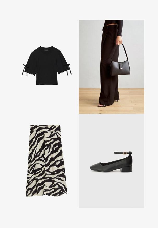Lühikeste varrukatega must puuvillane topp, millel on volangiga alus ja lipsu aktsendid varrukatel. Omab ümarat kaelust ja sundimatut lõiget.; Mustvalge seelik, millel on sebririba muster, volditud disain, elastne vöökoht ja voolav siluett.; Must mustaapp, millel on terav nina ja madal blokk-kand. Omab pahkluu rihma koos kuldse tooni pandlaga. Sile tekstuur.; Must musta kott, millel on struktureeritud kuju, sile tekstuur ja metallist klamber. Kombineeritud laiate mustade pükstega ja avatud varvaste sandaalidega puidust põrandal.
