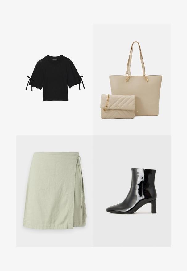 Čierny bavlnený top s krátkym rukávom, s volánovým zakončením a mašľovými detailmi na rukávoch. Má okrúhly výstrih a voľný strih.; Sukňa s opaskom vyrobená z ľahkej textúrovanej látky v jemnej zelenej farbe, s predným viazaním na boku a rovnou leme.; Čierne lakované členkové topánky s špicatou špičkou a stredne vysokým blokovým podpätkom. Hladká textúra a minimalistický dizajn.; Bežová taška na plece s plochými uchami, hladkým povrchom a zlatými kovovými detailami, doplnená zladenou prešívanou kabelkou s reťazovou rukoväťou.