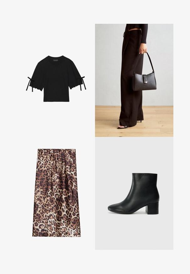 Krátký černý bavlněný top s volánkovým lemem a mašličkami na rukávech. Má kulatý výstřih a uvolněný střih.; Tkanina s leopardím vzorem, hnědé a černé skvrny na béžovém pozadí, měkká textura a design s nabíraným pasem.; Černé kožené kotníkové boty s špičatou špičkou a robustním podpatkem. Hladký povrch s minimálními akcenty a elegantním, přiléhavým designem.; Černá kabelka se strukturovaným tvarem, hladkým povrchem a kovovým uzávěrem. Kombinována s širokými černými kalhotami a sandály s otevřenou špičkou na dřevěné podlaze.