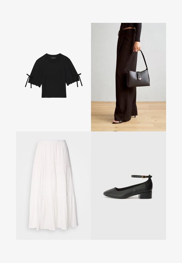 Top din bumbac negru, cu mâneci scurte, cu margine volanată și accente cu fundițe pe mâneci. Prezintă un guler tip echipaj și o croială lejeră.; Fustă midi albă, în straturi, cu un brâu smocked, realizată dintr-un material moale și ușor, având o textură ușor vărsată.; Pantof cu toc negru din piele, cu vârf ascuțit și toc mic pătrat. Dispune de o curea la gleznă cu o cataramă în tonuri de aur. Textură netedă.; Genți negre cu o formă structurată, textură netedă și un închizător metalic. Asortată cu pantaloni negri largi și sandale cu vârf deschis pe un podea din lemn.