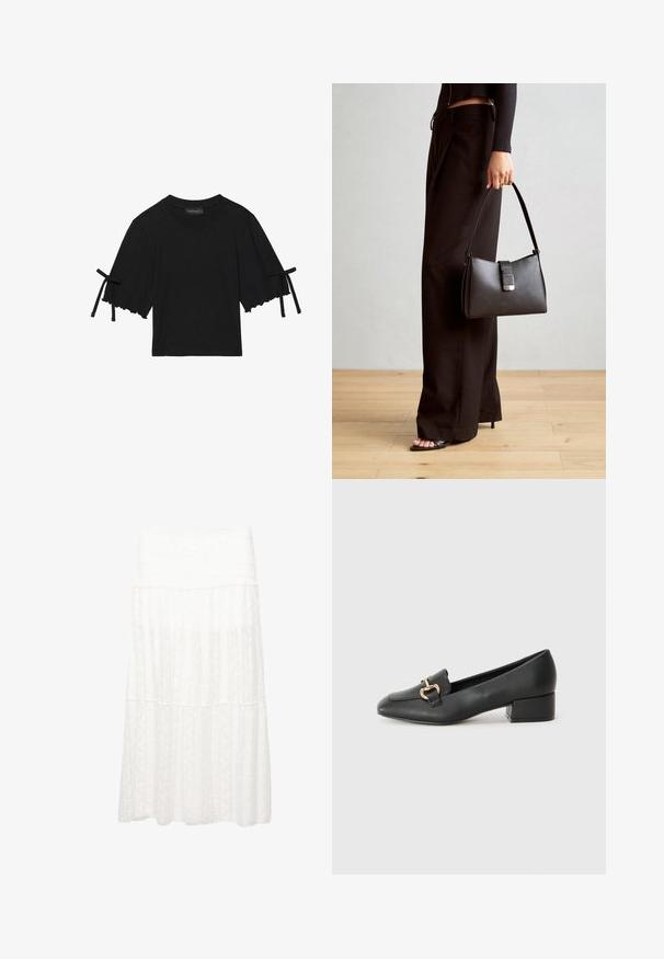 Schwarzes Baumwolloberteil mit kurzen Ärmeln, gerüschtem Saum und Schleifenakzenten an den Ärmeln. Mit Rundhalsauschnitt und bequemer Passform.; Weißer, geschichteter Rock aus strukturiertem Stoff, mit einem breiten Bund und einem fließenden Design. Das Material zeigt subtile Muster.; Schwarze Lederloafers mit flachem Absatz, die auf der Vorderseite ein dekoratives goldfarbenes Hardware-Detail und eine glatte Textur aufweisen.; Schwarze Handtasche mit strukturierter Form, glatter Textur und einem metallischen Verschluss. Kombiniert mit weiten schwarzen Hosen und offenen Sandalen auf einem Holzboden.