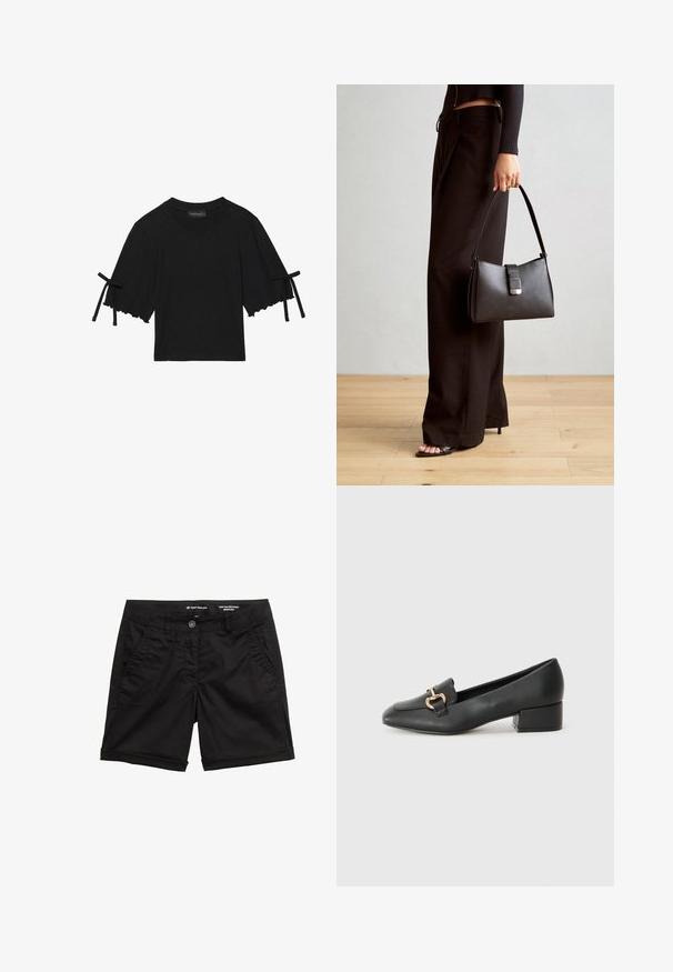 Top in cotone nero a maniche corte con orlo arricciato e dettagli con fiocchi sulle maniche. Presenta un colletto rotondo e una vestibilità rilassata.; Bermuda shorts neri in cotone misto, con chiusura a bottone, due tasche frontali e orlo arrotolato. Texture liscia, design classico.; Mocassini in pelle nera con tacco piatto, dotati di un dettaglio decorativo in metallo dorato nella parte anteriore e una superficie liscia.; Borsa nera con forma strutturata, texture liscia e una chiusura metallica. Abbinata a pantaloni neri larghi e sandali open-toe su un pavimento in legno.