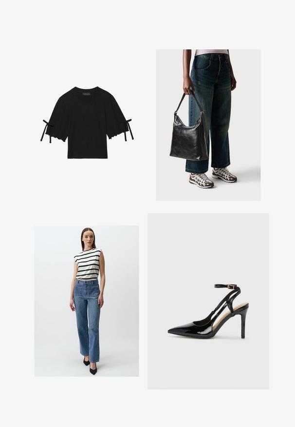 Top in cotone nero a maniche corte con orlo arricciato e dettagli con fiocchi sulle maniche. Presenta un colletto rotondo e una vestibilità rilassata.; Jimmy Key Jeans bootcut - indigo blue; Scarpa con tacco alto in vernice nera, cinturino alla caviglia regolabile e punta affilata, con lati aperti. Texture liscia.; Borsa a tracolla nera in pelle con una texture liscia e tracolla regolabile, abbinata a jeans ampi sbiaditi e sneakers sportive.