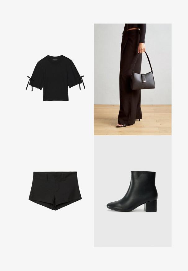 Schwarzes Baumwolloberteil mit kurzen Ärmeln, gerüschtem Saum und Schleifenakzenten an den Ärmeln. Mit Rundhalsauschnitt und bequemer Passform.; Schwarze Baumwollshorts mit figurbetontem Schnitt, hoch geschnittener Taille und Seitentaschen. Der Stoff hat eine glatte Textur und minimale Nähte.; Schwarze Leder-Ankle-Boots mit spitzem Zehenbereich und klobigem Absatz. Glatte Textur mit minimalen Akzenten und einem eleganten, taillierten Design.; Schwarze Handtasche mit strukturierter Form, glatter Textur und einem metallischen Verschluss. Kombiniert mit weiten schwarzen Hosen und offenen Sandalen auf einem Holzboden.