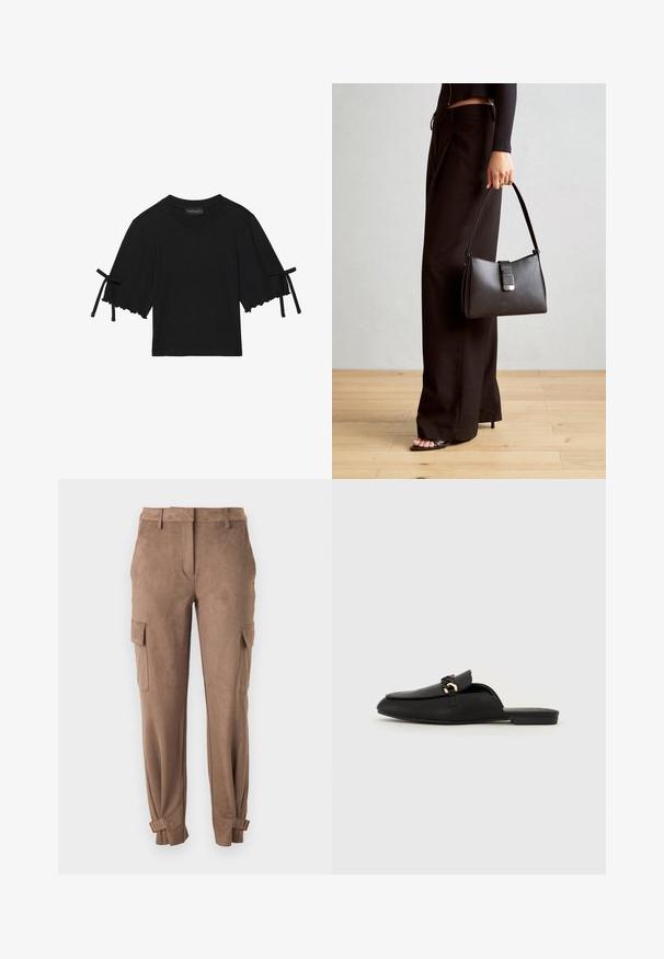 Short-sleeve black cotton top with ruffled hem and bow tie accents on sleeves. Features a crew neckline and a relaxed fit.; Brown suede cargo pants with a flat front, side pockets, tapered ankle cuffs, and metal accents at the cuffs. Smooth texture throughout.; Black slip-on shoe made of smooth leather. Features a rounded toe, a decorative woven strap, and a small gold accent. Flat sole.; Black handbag with structured shape, smooth texture, and a metallic clasp. Paired with wide black pants and open-toe sandals on wooden floor.