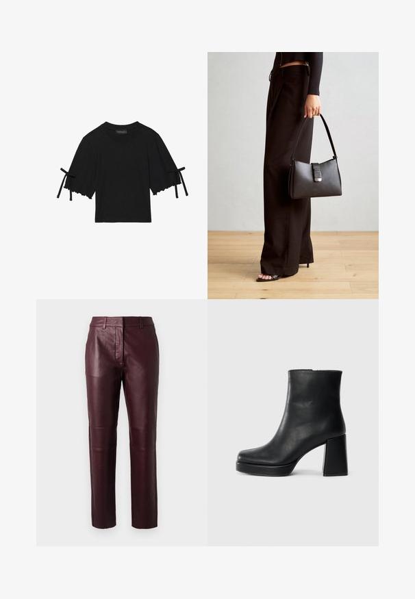 Melna kokvilnas blūze ar īsām piedurknēm, kuru apakšējā mala ir ar volānu un piedurknēm rotāta ar mezglotiem akcentiem. Tās dizainā ir apaļa kakla izgriezums un brīvi pieguļoša forma.; Burgundijas ādas bikses ar pieguļošu dizainu, nedaudz mirdzošu virsmu un gludu tekstūru. Īpašības ietver vidēji augstu jostasvietu un taisnas kājas.; Melna ādas potīšu zābaku ar bloku papēdi un platformas zoli, skatīts no sāna uz vienkārša balta fona.; Melnā somiņa ar strukturētu formu, gludu tekstūru un metālu sprādzi. Saskaņota ar platām melnām biksēm un sandālēm ar atvērtu purngalu uz koka grīdas.