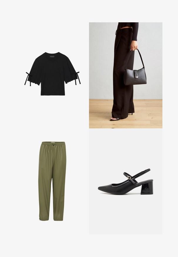 Trumpas juodas medvilnės marškinėlis su raukiniais apatinėje dalyje ir kaspinėlių akcentais ant rankovių. Turi apvalų kaklą ir laisvą siluetą.; Alyvuogių žalios, lengvos kelnės su elastinga juosmeniu, raišteliu ir siaurėjančiais kulkšniais. Lygus paviršius su blizgiu apdaila.; Juodi patentinio odos slingback aukštakulniai su smailiu pirštu, apvaliu išpjovimu ir blokiniu kulnu. Papuošti auksiniu juostos akcentu.; Juodas rankinė struktūrizuota forma, lygi tekstūra ir metalinis užsegimas. Suporuota su plačiomis juodomis kelnėmis ir atvirais bateliais ant medinių grindų.