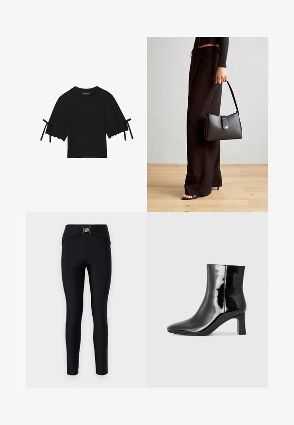 Melna kokvilnas blūze ar īsām piedurknēm, kuru apakšējā mala ir ar volānu un piedurknēm rotāta ar mezglotiem akcentiem. Tās dizainā ir apaļa kakla izgriezums un brīvi pieguļoša forma.; Melnas legingas ar augstu jostas vietu, kas priekšā rotāta ar zelta dekoratīvu sprādzi, izgatavotas no gludas, elastīgas auduma.; Melnas patentētas ādas potīšu zābaki ar norādītu pirkstu un vidēja augstuma kvadrātveida papēdi. Gluda tekstūra un minimālisma dizains.; Melnā somiņa ar strukturētu formu, gludu tekstūru un metālu sprādzi. Saskaņota ar platām melnām biksēm un sandālēm ar atvērtu purngalu uz koka grīdas.