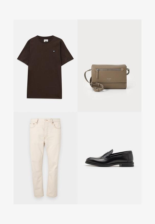 Dark brown short-sleeve t-shirt with a round neckline and a small black and white logo patch on the upper left chest.; Beige denim jeans with a straight-leg cut, featuring five pockets, contrasting stitching, and a button closure at the waistband.; Black leather loafers with a smooth texture, rounded toe, and a decorative strap across the vamp. Low stacked heel, minimalist design.; Taupe leather crossbody bag with a zippered front pocket, adjustable strap, pebble texture, and embossed logo on the front.
