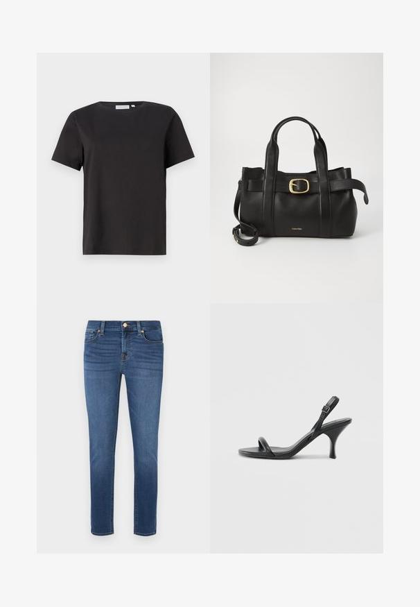 Juodas medvilninis marškinėliai su trumpomis rankovėmis, apvaliu kaklu ir paprastu, švariu dizainu. Nėra matomų raštų ar puošmenų.; Lieknos džinsai tamsiai mėlynos spalvos, su lygiu paviršiumi, su užtrauktuku ir mygtuko uždarymu, penkiomis kišenėmis ir kontrastingomis siūlėmis.; Juodos odinės aukštakulnės šlepetės su plonu, kreiviu kulnu ir kryžminiu dirželio dizainu. Reguliuojamas kulkšnies dirželis. Lygus paviršius.; Juodas odinis rankinės maišas su struktūrizuotu dizainu, dviem viršutinėmis rankenomis, auksinės spalvos sagtimi ir iškilniu prekės ženklu priekyje.