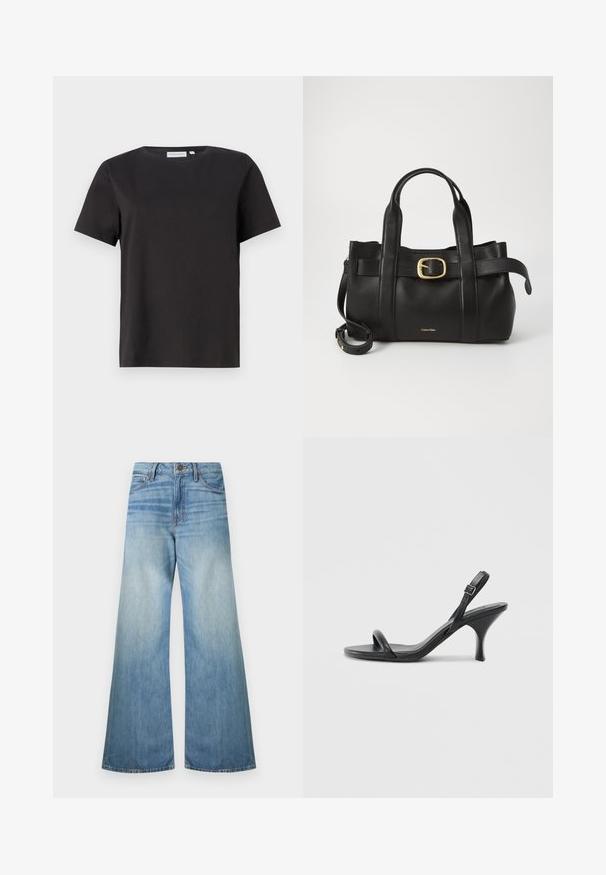 Čierne bavlnené tričko s krátkymi rukávmi, okrúhlym výstrihom a jednoduchým, čistým dizajnom. Žiadne viditeľné vzory ani ozdoby.; Svetlomodré široké džínsy vyrobené z denimu, s klasickým zipsom, piatimi vreckami a bledným povrchom so subtílnymi efektmi šúchania.; Čierne kožené sandále na vysokom podpätku s štíhlym, zakriveným podpätkom a prekríženým pásikovým dizajnom. Nastaviteľný pásik okolo členka. Hladká textúra.; Čierna kožená kabelka s štruktúrovaným dizajnom, dvojitými hornými uchopiteľmi, zlatým prackovým akcentom a embosovaným logom značky na prednej strane.
