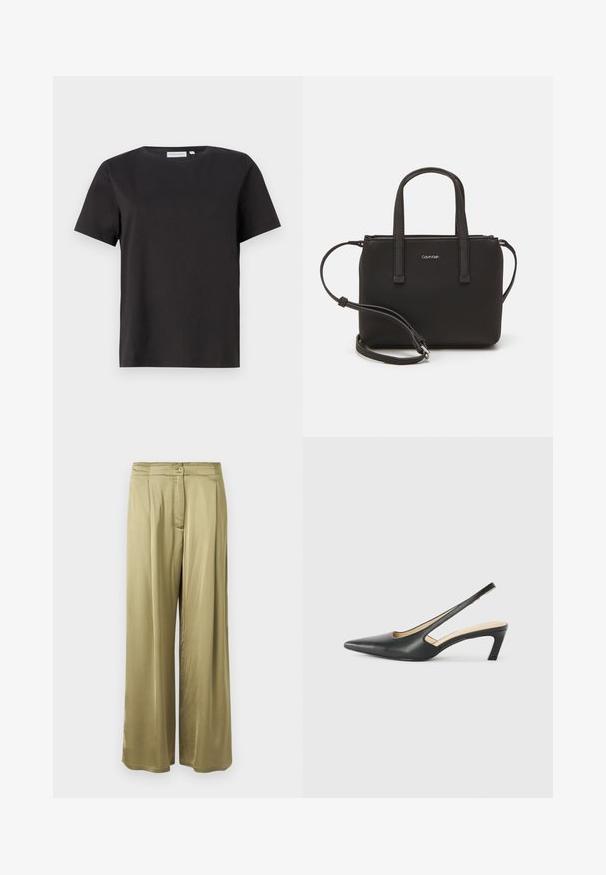 Maglietta nera in cotone a maniche corte, con scollatura a girocollo e un design semplice e pulito. Nessun motivo o decorazione visibile.; Pantaloni ampi color verde oliva realizzati in tessuto morbido, con chiusura anteriore a bottone e dettagli plissettati in vita.; Scarpa slingback nera con punta affilata e tacco basso, realizzata in pelle liscia e con un design a taglio laterale per favorire la traspirabilità.; Borsa nera con doppi manici corti e tracolla removibile. Materiale simile alla pelle liscia con chiusura a zip e dettaglio del logo.