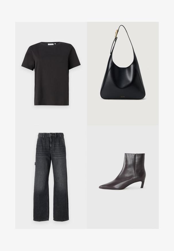 Black cotton t-shirt with short sleeves, a crew neckline, and a simple, clean design. No visible patterns or embellishments.; Wide-leg jeans in dark gray denim, featuring a high waist, front pockets, and subtle whiskering on the thighs. Contrast stitching detail.; Black leather ankle boot with pointed toe and low kitten heel, smooth finish, side zipper, shown on a neutral background.; Black leather shoulder bag with a smooth texture, curved silhouette, and a gold hardware accent. Features embossed brand logo at the base.