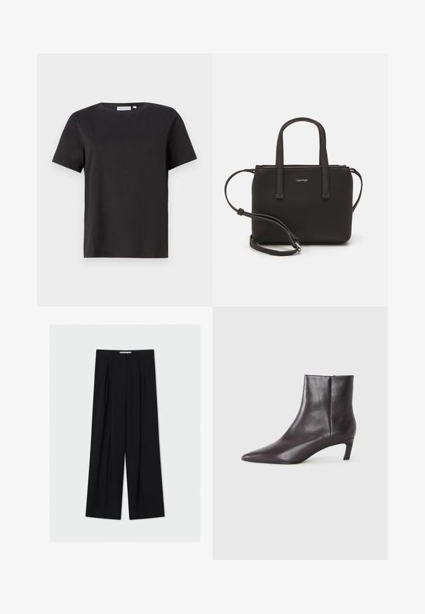 Crna pamučna majica s kratkim rukavima, okruglim izrezom i jednostavnim, čistim dizajnom. Nema vidljivih uzoraka ili ukrasa.; Široke crne hlače izrađene od glatkog materijala. Imaju visok struk, nabore sprijeda i dužinu do gležnjeva. Minimalistički dizajn.; Crna kožna gležnjača s šiljastim nosom i niskom kitten petom, glatke površine, sa bočnim zatvaračem, prikazana na neutralnoj pozadini.; Crna torba s dva kratka ručka i uklonjivom naramenicom. Glatki materijal nalik koži s zatvaračem na zatvaranje i detaljem s logom.