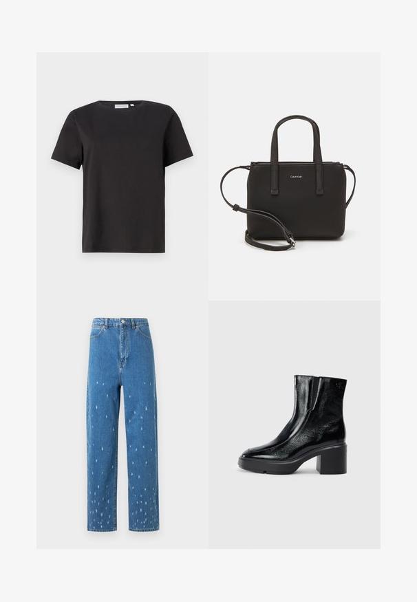 Sort bomulds T-shirt med korte ærmer, rund halsudskæring og et enkelt, rent design. Ingen synlige mønstre eller udsmykninger.; Lyseblå, højtaljede jeans med lige ben, fremstillet med slidte detaljer med små revner og et klassisk design med fem lommer.; Sorte patenterede læderankelstøvler med en buet tå, elastiske sidepaneler og en kraftig blokhæl. Har et præget logo på bagsiden.; Sort håndtaske med to korte håndtag og en aftagelig skulderrem. Glat læderagtigt materiale med lynlåslukning og logo detaljer.