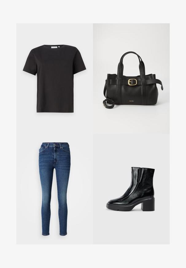 Crna pamučna majica s kratkim rukavima, okruglim izrezom i jednostavnim, čistim dizajnom. Nema vidljivih uzoraka ili ukrasa.; Visoke uske plave traperice izrađene od denima. Imaju klasičan dizajn s pet džepova, zatvarač i blago izbleđivanje na prednjem dijelu.; Crne lakirane gležnjače s zakrivljenim prstom, elastičnim bočnim panelima i masivnom blok petom. Sadrže urezani logo na leđima.; Crna kožna torba s strukturiranim dizajnom, dvostrukim gornjim ručkama, zlatnim kopčom kao naglaskom i utisnutim logotipom marke sprijeda.