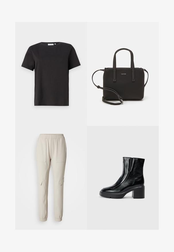 Black cotton t-shirt with short sleeves, a crew neckline, and a simple, clean design. No visible patterns or embellishments.; Beige jogger pants with an elastic waistband, two side pockets, and tapered leg cuffs. Made of soft, lightweight fabric.; Black patent leather ankle boots with a curved toe, elastic side panels, and a chunky block heel. Features embossed logo on the back.; Black handbag with dual short handles and a removable shoulder strap. Smooth leather-like material with a zip closure and logo detail.