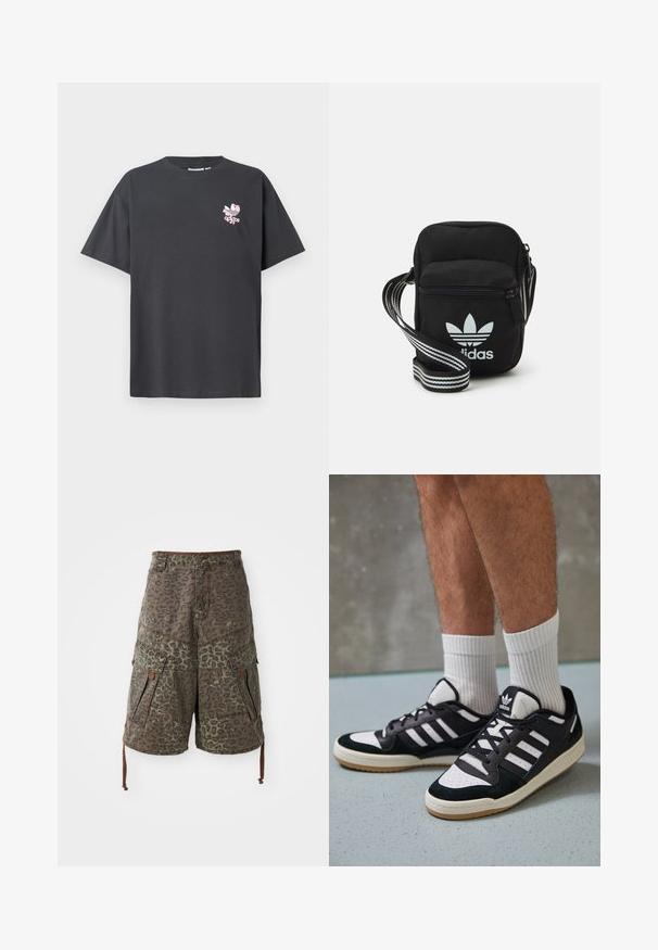 Szürke pamut póló kerek nyakkal és rövid ujjal. Elöl egy rózsaszín virágmintás Adidas logó látható. Lazán illeszkedő fazon, nincs rajta minta vagy díszítés.; Zöld és barna álcázó cargo sort, leopárd mintával, több zsebbel, állítható zsinórral és megerősített varrási részletekkel.; Fekete-fehér tornacipők velúr és bőr felsőrésszel, három fehér csíkkal, perforált orral és gumi talppal.; Fekete anyagú, keresztpántos táska cipzáras záródással, fehér Adidas logóval és csíkos állítható pánttal a könnyű hordozás érdekében.