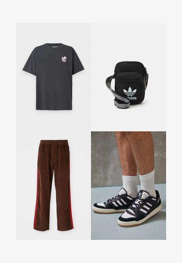 Szara bawełniana koszulka z okrągłym dekoltem i krótkimi rękawami. Na przodzie widnieje różowy logo Adidas w kwiaty. Luźny krój, bez wzorów ani ozdób.; Brązowe spodnie z korduroy z elastycznym paskiem, z czerwonymi bocznymi paskami i prostymi nogawkami. Teksturowany materiał z delikatnymi detalami prążkowanymi.; Czarno-białe sneakersy z zamszową i skórzaną cholewką, z trzema białymi paskami, perforowanym czubkiem i gumową podeszwą w kolorze gumy.; Czarna torba crossbody wykonana z materiału, z zamknięciem na zamek błyskawiczny, z białym logo Adidas oraz regulowanym paskiem w paski, co ułatwia noszenie.