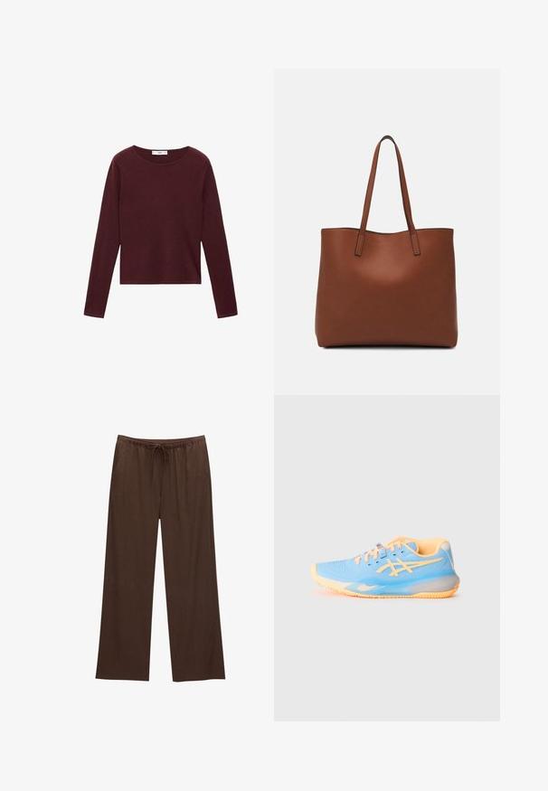 Bordo dolgi rokav s soft materialom, okroglim izrezom in ravnim krojem, ki vsebuje minimalne šive in gladko teksturo.; Rjave široke hlače iz mehkega materiala, z elastičnim pasom in vrvico za zategovanje ter dvema stranskima žepoma.; Svetlo modra športna čevlja z oranžnimi poudarki; mrežni zgornji del, okrogla konica in teksturiran podplat za oprijem. Vključuje označene detajle in vezalke.; Rjava usnjena torba z gladko teksturo, odprto zasnovo zgoraj in dvema naramnima trakovoma. Opremljena je z minimalnim šivanjem in brez vidnih kovinskih delov.