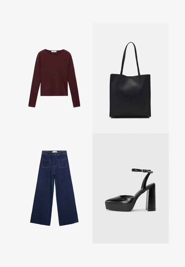 Bordeaux langærmet top lavet af blødt stof med rund halsudskæring og lige snit, der har minimale sømme og en glat tekstur.; Bredde ben denim jeans i mørkeblå, med høj talje, fire lommer og synlige syninger. Glat tekstur med et klassisk fit.; Sorte platformhæle med spidse tæer og justerbar ankelrem. Construeret i glat læder, med en kraftig blokhæl.; Sort læder tote taske med glat tekstur, rektangulær form og to lange hanke. Ingen synlig hardware eller udsmykninger.