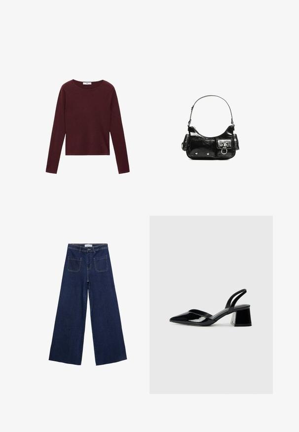 Bordo dolgi rokav s soft materialom, okroglim izrezom in ravnim krojem, ki vsebuje minimalne šive in gladko teksturo.; Široke denim hlače temno modre barve, ki imajo visok pas, štiri žepke in vidne šive. Gladka tekstura z klasičnim krojem.; Črne lakirane slingback pete s koničastim nosom in geometrijsko blokasto peto. Imajo eleganten, minimalističen dizajn in gladko teksturo.; Črna lakasta usnjena torbica s ukrivljeno obliko, enim ramenskim trakom, sprednjimi žepi in srebrnimi kovinskimi dodatki.