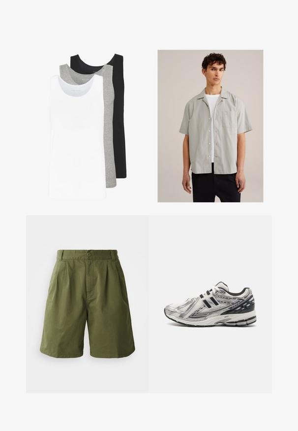 Tre tank tops i hvid, grå og sort. Hver af dem har et klassisk ærmeløst design, lavet af let bomuldsstof med ribbet tekstur.; Lys grå kortærmet skjorte i et glat stof, med knaplukning fortil, spids krave og en brystlomme. Bæres over en hvid t-shirt.; Olivengrønne shorts lavet af letvægtsstof, med plisseret front, knaplukning og sidelommer, i et lige snit.; Herresko til løb i hvidt mesh med sorte accenter, udstyret med en polstret sål, snørebåndsdesign og en tekstureret overflade for bedre greb.