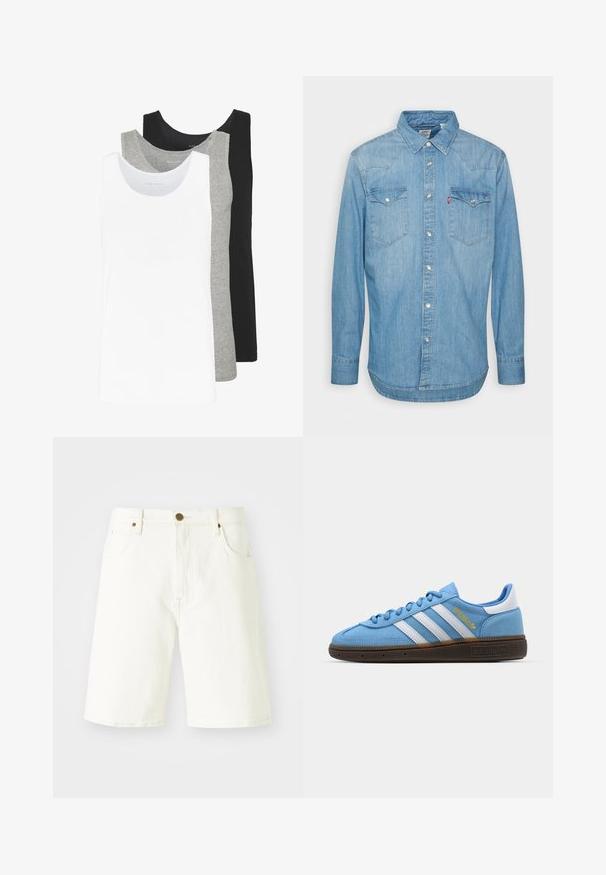 Tri majice bez rukava u bijeloj, sivoj i crnoj boji. Svaka ima klasičan dizajn bez rukava, izrađena je od lagane pamučne tkanine s rebrastom teksturom.; Svijetloplava traper košulja s dugim rukavima, šiljastim ovratnikom i dva džepa na prsima. Ima zatvaranje na gumbe i zakrivljeni rub.; Bijele traperice kratke hlače ravnog kroja, klasičnog dizajna s pet džepova i zatvaranjem na bakreni gumb. Glatka tekstura i obrubljeni rubovi.; Svijetloplave nubuk tenisice s bijelim kožnim trakama, smešim teksturiranim đonom i zlatnim logom. Dizajn niskih tenisica s zaobljenim vrhom.