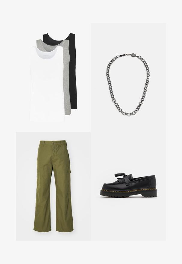 Três t-shirts sem mangas em branco, cinza e preto. Cada uma apresenta um design clássico sem mangas, feita de um tecido de algodão leve com uma textura canelada.; Calças largas de cor verde-azeitona feitas de um tecido durável, com fecho de botão, bolsos laterais e um design de bainha reta.; Mocassim de couro preto com um detalhe de franjas, apresentando uma sola preta robusta e costura amarela ao longo da borda. Acabamento texturizado.; Colar de corrente em metal com elos alongados na cor gunmetal escuro. Apresenta um detalhe geométrico e fecho com logótipo.