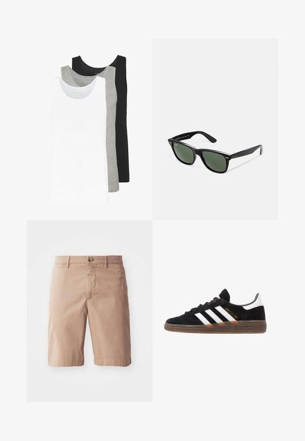 Trois débardeurs en blanc, gris et noir. Chacun présente un design classique sans manches, fabriqué en coton léger avec une texture côtelée.; Shorts en coton beige avec une coupe droite, présentant une fermeture à bouton à l'avant et des passants de ceinture. Texture lisse avec des détails de couture minimalistes.; Baskets Adidas noires avec rayures blanches, inscription dorée "Spezial", semelle en gomme et languette blanche au talon, présentées en vue de profil.; Lunettes de soleil en plastique noir avec verres verts, monture carrée, accent argenté sur le sourcil et branches texturées. Marque indiquée sur l'intérieur de la branche.
