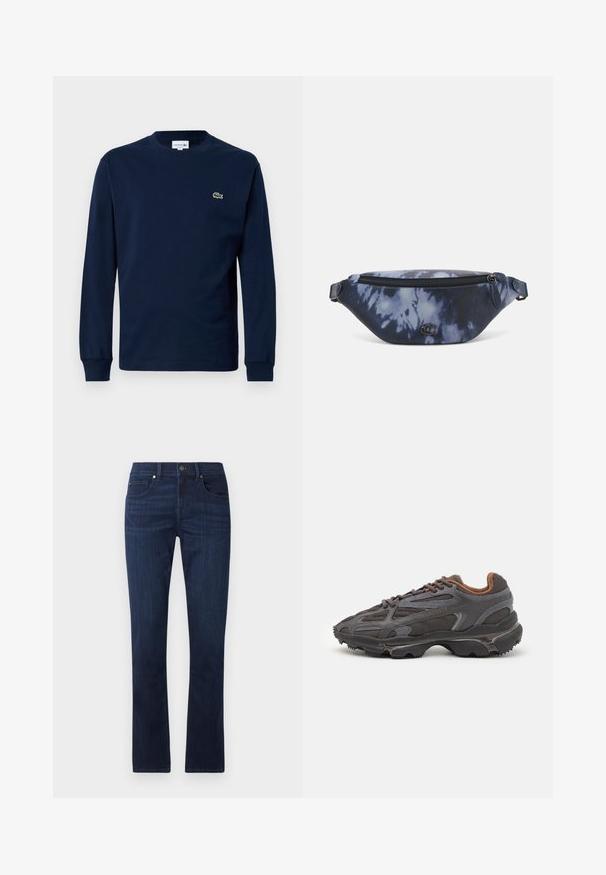 Granatowa koszulka z długim rękawem wykonana z bawełny, z okrągłym dekoltem i małym zielonym logo krokodyla na lewej piersi.; Granatowe dżinsy z prostą nogawką, z przodem na guzik i zamek błyskawiczny oraz klasycznym pięcioma kieszeniami.; Sneakers Lacoste w ciemnoszarym kolorze, wykonane z siateczki i materiału syntetycznego, z teksturowaną podeszwą oraz brązowymi akcentami na kołnierzu i logotypie.; Saszetka w ciemnoniebieski wzór tie-dye z zamkiem błyskawicznym na górze, teksturowany materiał i wyraźny detal z logo z przodu.