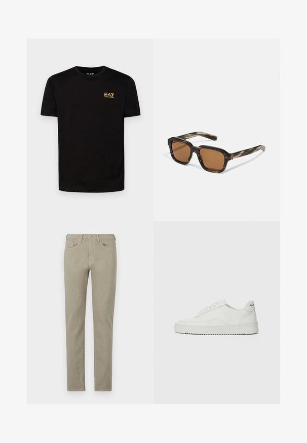 Μαύρο βαμβακερό μπλουζάκι με κοντά μανίκια, στρογγυλή λαιμόκοψη και κίτρινο κεντητό λογότυπο EA7 στο αριστερό στήθος. Λείο ύφασμα.; Χακί βαμβακερές τζιν με λεπτή γραμμή, σχεδίαση πέντε τσεπών, κλείσιμο με κουμπί και φερμουάρ, και διακριτές ραφές στα τσέπες.; Λευκό δερμάτινο sneakers με λείο φινίρισμα, στρογγυλή μύτη, επίπεδα κορδόνια και υφή στην σόλα. Φέρει μια διακριτική λογότυπο στη φτέρνα.; Πλαστικά γυαλιά ηλίου με καβουροειδές σχέδιο, οκταγωνικοί καφέ φακοί και λεπτές χρυσές λεπτομέρειες στη βάση.