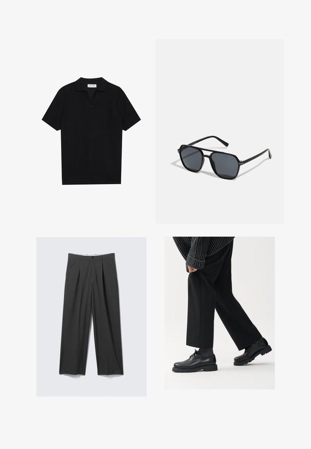 Schwarzes Kurzarm-Polohemd aus texturiertem, geripptem Stoff, mit einem V-Ausschnitt und geradem Saum. Keine sichtbaren Logos oder Muster.; Graue, weit geschnittene Hosen mit Falten. Aus einem glatten Stoff gefertigt, mit einem Frontknopfverschluss und Gürtelschlaufen. Flach geschnittenes Design.; Schwarze Lederschuhe mit einer runden Spitze, Schnürdesign und dicker, strukturierter Sohle. Getragen mit maßgeschneiderten schwarzen Hosen und einem gerippten Pullover.; Schwarze Sonnenbrille mit achteckigem Rahmen, dunklen Gläsern, glänzender Oberfläche, dünnen Bügeln und goldenen Akzenten auf der Vorderseite.; Set aus vier Ringen: Einer hat einen schwarzen rechteckigen Stein, die anderen drei sind metallisch mit strukturierten Oberflächen, darunter Kettenmuster, gerippte und Schachbrettmuster.