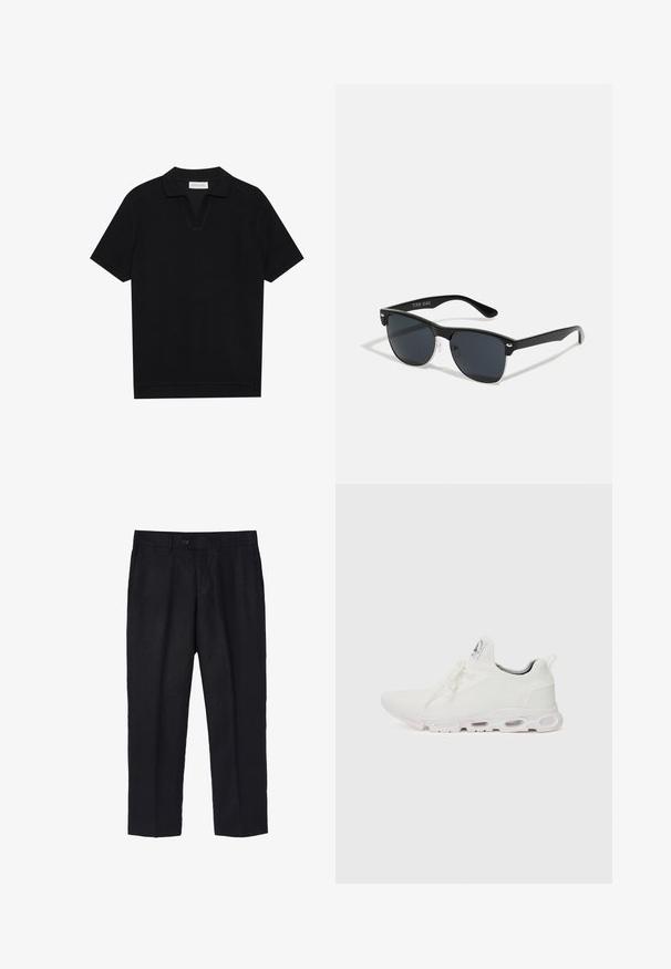 Czarna koszulka polo z krótkim rękawem, wykonana z teksturowanej, prążkowanej tkaniny, z dekoltem w kształcie litery V i prostym zakończeniem. Bez widocznych logo ani wzorów.; Czarne lniane spodnie o dopasowanym kroju, z pojedynczym zapięciem na guzik z przodu, zakładkami i prostymi nogawkami. Gładka tekstura z lekkim wykończeniem.; Białe buty sportowe z teksturowaną cholewką z dzianiny, płaskimi sznurowadłami oraz wyściełaną podeszwą z widocznymi komorami powietrznymi dla dodatkowego wsparcia.; Czarne okulary przeciwsłoneczne o prostokątnym kształcie, ciemnych soczewkach, srebrnych akcentach na zausznikach oraz matowym wykończeniu oprawki.; Metalowy zegarek kwarcowy z czarną tarczą, białymi cyframi i wyświetlaczem daty. Posiada stalową bransoletę i odporność na wodę do 100m.