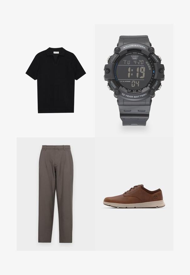 Polo shirt nera a maniche corte in tessuto texturizzato a coste, con scollo a V e orlo dritto. Nessun logo o motivo visibile.; Jack & Jones JPSTBILL JJDAYTONA WIDE - Pantaloni - pavement; Sneaker in pelle marrone con punta rotonda, suola beige a contrasto e branding sottile sul lato. Presenta un design in pizzo testurizzato.; Orologio digitale Casio con cinturino in resina grigia, display LCD, resistenza all'acqua fino a 100 metri e funzionalità per allarmi e retroilluminazione.