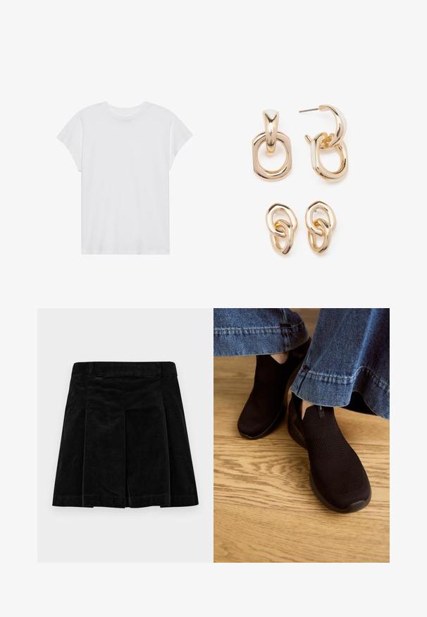 Tricou scurt alb, cu mânecă scurtă și guler rotund, cu o croială relaxată, realizat dintr-un material din bumbac moale. Textură netedă, fără modele sau logo-uri.; Fustă din catifea neagră cu un design plisat, având un croi drept, o suprafață texturată și un brâu pentru o potrivire sigură.; Pantofi negri tip slip-on cu un material tricotat texturat și deschidere elastică. Formă rotundă a vârfului și talpă joasă, amortizată, purtați cu o margine din denim.; Cercei aurii cu un amestec de forme geometrice: un pătrat, un cerc și modele ovale legate, având un finisaj lucios.