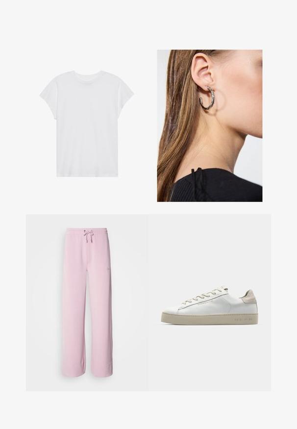 Camiseta blanca de manga corta con cuello redondo, corte relajado, hecha de suave tela de algodón. Textura lisa, sin estampados ni logotipos.; Pantalones de chándal rosa claro con cintura ajustable, piernas anchas y dobladillo doblado. Cuenta con un pequeño logotipo bordado en el lado. Textura de tela suave.; Zapatilla de deporte blanca de cuero con un acabado suave, acentos de gamuza beige, punta redonda, diseño plano con cordones y suela de goma texturizada.; Pendiente de aro de plata con un acabado pulido, que presenta pequeños detalles en dorado y una forma redonda, llevado en el lóbulo.
