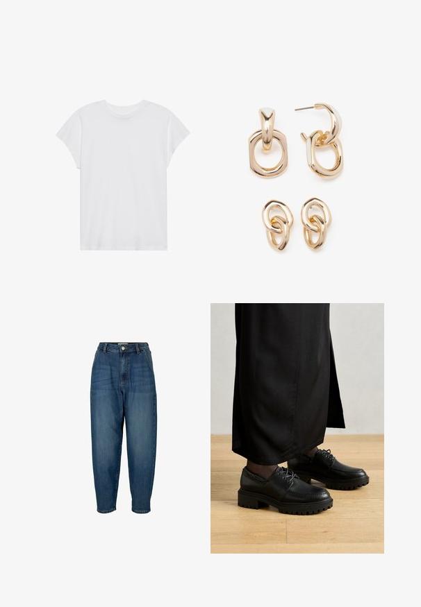 Bílá krátkosrstá tričko s kulatým výstřihem, volný střih, vyrobené z měkké bavlněné tkaniny. Hladký povrch, bez vzorů nebo log.; Modré džíny s vysokým pasem a volným střihem, s předními kapsami, zipovým zapínáním a jemným vyblednutím na látce.; Černé kožené boty s kulatou špičkou, silnou gumovou podrážkou a šňůrkami. Design obsahuje dekorativní šití na svršku.; Náušnice ve zlatém tónu s kombinací geometrických tvarů: čtverec, kruh a propojené oválné designy s lesklým povrchem.