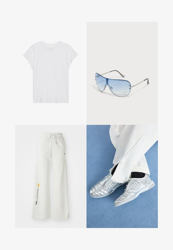 Bílá krátkosrstá tričko s kulatým výstřihem, volný střih, vyrobené z měkké bavlněné tkaniny. Hladký povrch, bez vzorů nebo log.; Bílé široké tepláky s elastickým pasem, šňůrkou, bočními rozparky, černým logem Nike a kontrastním žlutým grafickým textem.; Stříbrné sportovní boty s hladkým, lesklým povrchem, se šitým designem a číslem 90 na boku, spárované s bílými kalhotami.; Pilotské sluneční brýle s modrými gradientními skly, stříbrným kovovým rámem a dekorativními hvězdnými akcenty na sklech. Hladký a elegantní design.