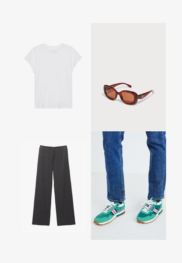 White short-sleeve t-shirt with a round neck, relaxed fit, made of soft cotton fabric. Smooth texture, no patterns or logos.; Wide-leg pants in dark grey, featuring a textured fabric and an elastic waistband with a drawstring. Simple and minimalist design.; Green sports sneakers with white and navy accents, pink stripe detail, and textured fabric. Laced with white shoelaces; rubber sole.; Red-tinted sunglasses with a rectangular frame, featuring brown lenses. Accented with a small gold logo on the right temple.