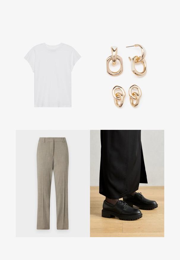 White short-sleeve t-shirt with a round neck, relaxed fit, made of soft cotton fabric. Smooth texture, no patterns or logos.; Light grey tailored trousers with a textured fabric, straight leg design, and a classic waistband. Features subtle pinstriping detail.; Black leather shoes with a rounded toe, thick rubber outsole, and laces. The design features decorative stitching along the upper.; Gold-toned earrings featuring a mix of geometric shapes: a square, circle, and linked oval designs with a polished finish.