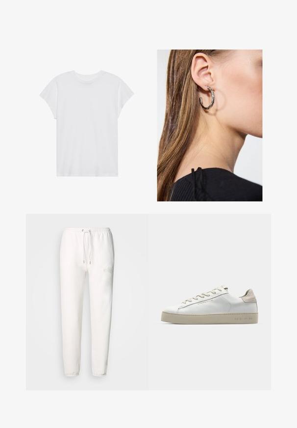 White short-sleeve t-shirt with a round neck, relaxed fit, made of soft cotton fabric. Smooth texture, no patterns or logos.; White sweatpants made of soft fabric, featuring a drawstring waist and embroidered logo on the left thigh. Tapered leg design.; White leather sneaker with a smooth finish, beige suede accents, round toe, flat lace-up design, and a textured rubber sole.; Silver hoop earring with a polished finish, featuring small gold accent details and a round shape, worn on the lobe.