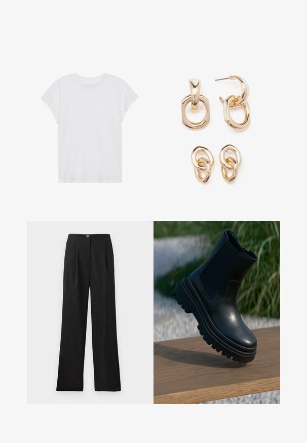 White short-sleeve t-shirt with a round neck, relaxed fit, made of soft cotton fabric. Smooth texture, no patterns or logos.; Black, high-waisted trousers made of smooth fabric, featuring front pleats, a single button closure, and wide legs. No pockets visible.; Black leather ankle boot with a chunky sole, elasticated side panels, and a smooth finish. Elevated design with contrasting tread detail.; Gold-toned earrings featuring a mix of geometric shapes: a square, circle, and linked oval designs with a polished finish.