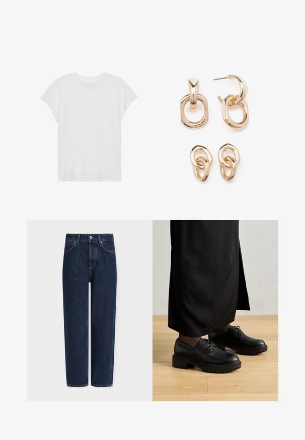 White short-sleeve t-shirt with a round neck, relaxed fit, made of soft cotton fabric. Smooth texture, no patterns or logos.; Dark blue denim jeans with a straight leg, high waist, silver hardware, front pockets, and subtle stitching details. Classic five-pocket design.; Black leather shoes with a rounded toe, thick rubber outsole, and laces. The design features decorative stitching along the upper.; Gold-toned earrings featuring a mix of geometric shapes: a square, circle, and linked oval designs with a polished finish.