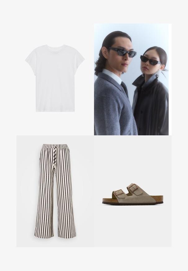 White short-sleeve t-shirt with a round neck, relaxed fit, made of soft cotton fabric. Smooth texture, no patterns or logos.; Lollys Laundry PANTS - Trousers - white/black; Suede slide sandal in light grey with two adjustable buckles, a cork midsole, and a textured rubber outsole.; Sunglasses with angular black frames on model with a gray sweater, showcasing textured knit and a black leather jacket worn by another model.