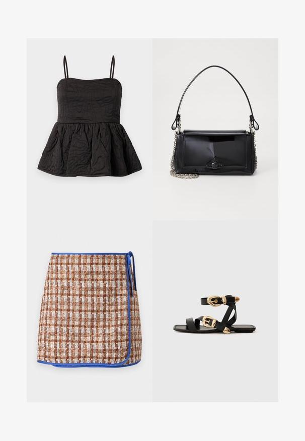 Crna peplum majica s podesivim trakama, teksturirana tkanina s uvijenim dizajnom i skupljeni donji rub za volumen.; Tkanjena suknja u smešnoj smešnoj smešnoj plavoj plavoj boji i belim kockicama sa plavim obrubom. Ima bočni vez i teksturiranu tkaninu za dodatne detalje.; Crne kožne sandale s zlatnim kopčama, s više trakica i ravnim đonom za nošenje s otvorenim prstima.; Crna patentna kožna torba pravokutnog oblika, s lancem za nošenje i karakterističnim metalnim detaljem u središtu. Glatka tekstura.